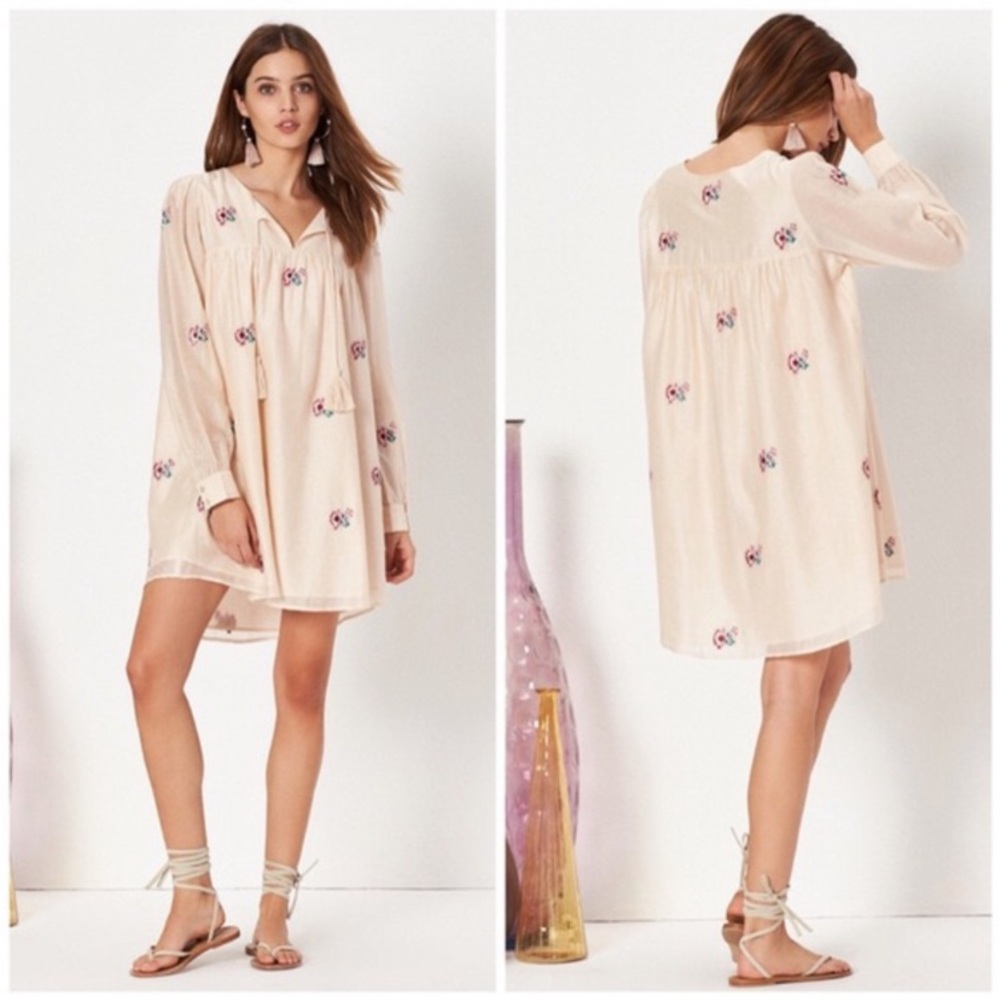 Tularosa Cream Embroidered Peasant Mini Dress